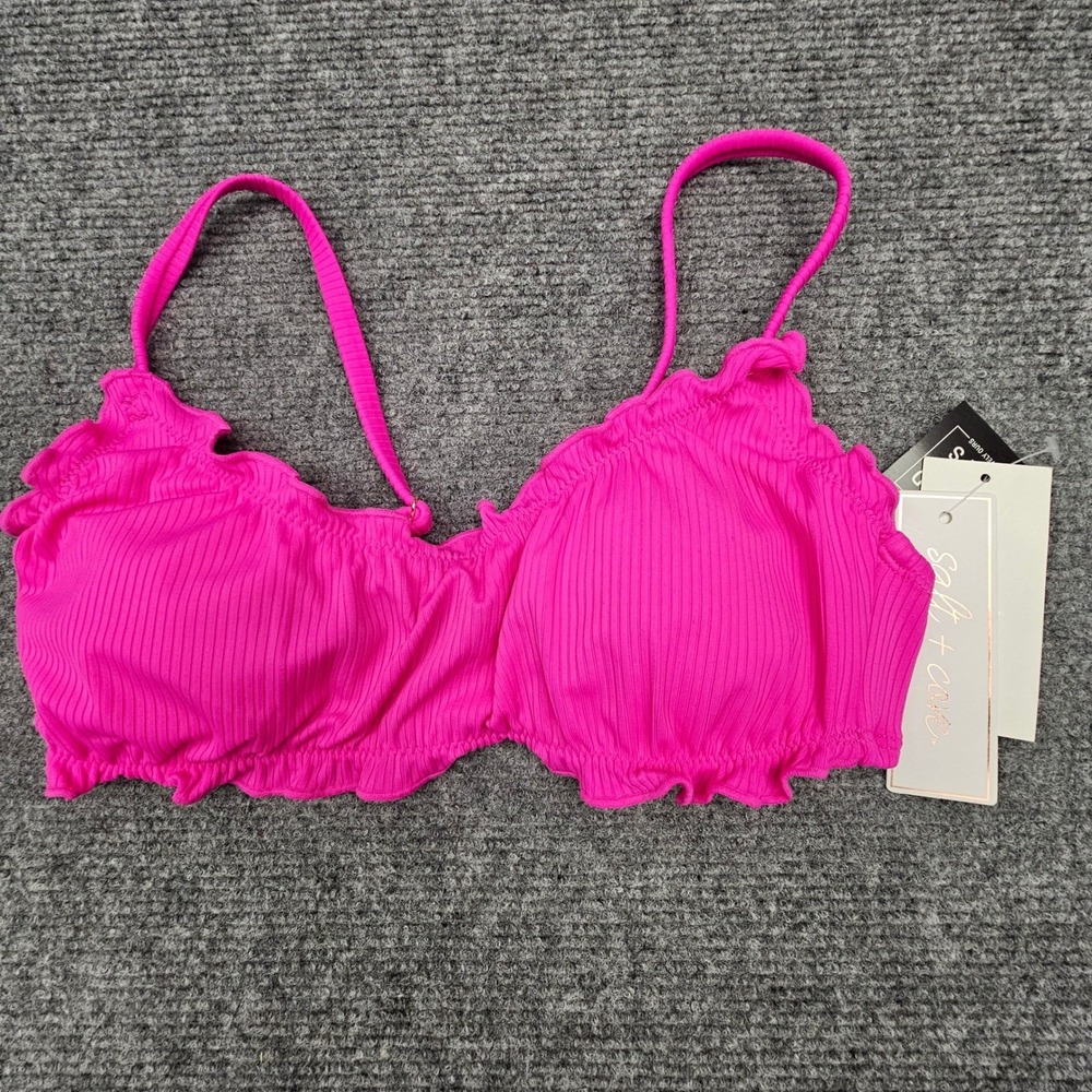 Salt + Cove‎ Women Bikini Top Ribbed Ruffle Trim Swimwear Pink Medium